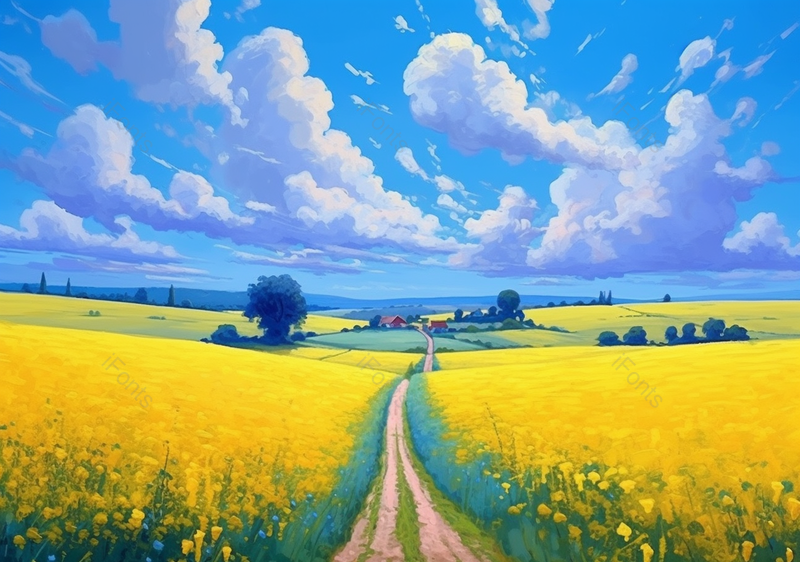 满山遍野黄色花丛蓝天白云夏日田园风格油画,插画/手绘图,插画/手绘图库,插画/手绘图下载,插画/手绘